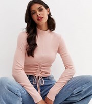 New Look Pale Pink Ribbed Ruched Long Sleeve Crop Top